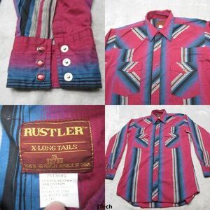 Vintage Rustler Shirt Men Large T Blue Purple Striped Long Tails Pearl Snap RARE